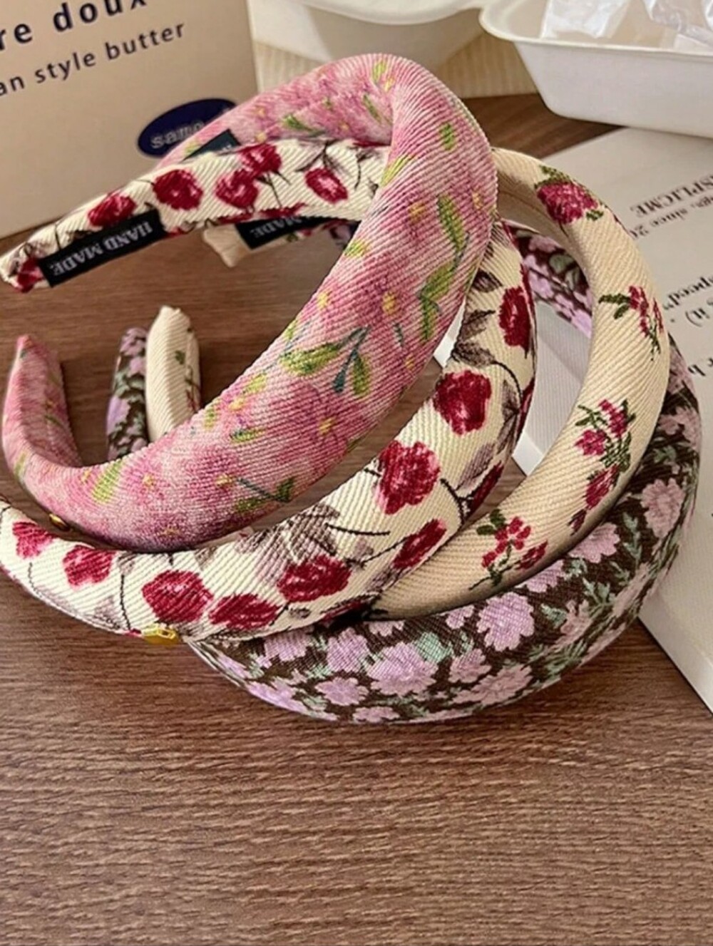 New Cottagecore 4pc Padded Floral Headband Set Corduroy Vintage Hair Accessories